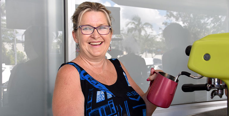 Barbara Shaw working at the new coffee cart