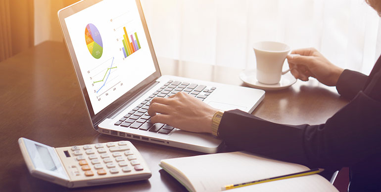 Woman looking at pie charts on her laptop