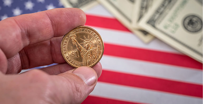 person holding a dollar with US flag in background