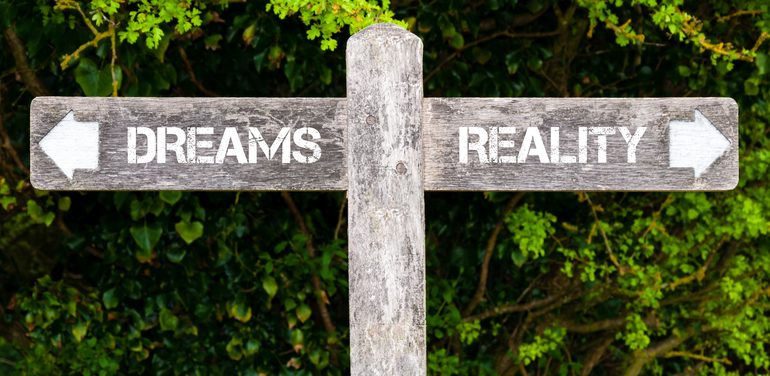 Wooden signpost with two opposite arrows over green leaves background. DREAMS versus REALITY.