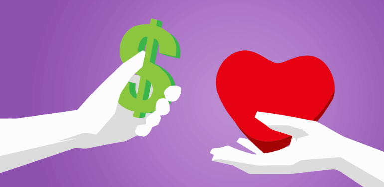 Graphic is hand holding dollar sign and another hand holding heart