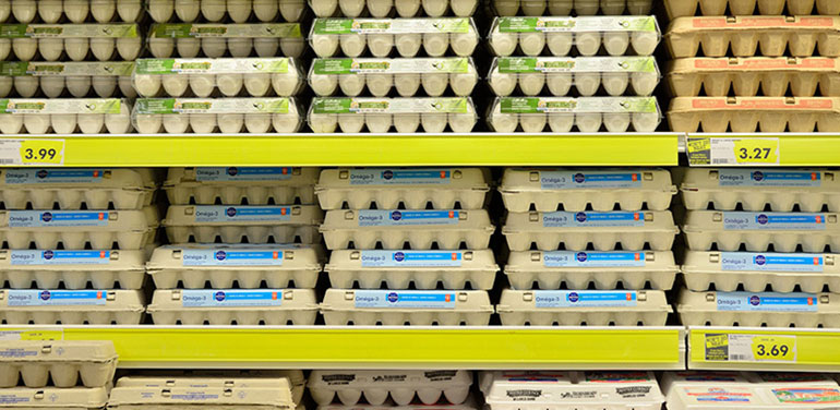 Cartons of eggs on a shop shelf