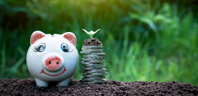 Piggy bank next to coins