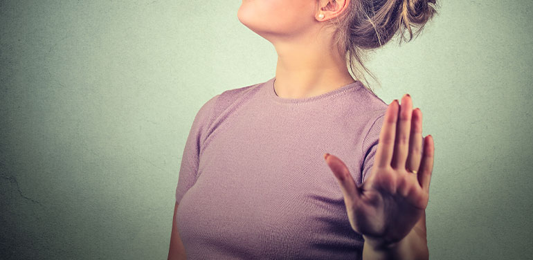 Snobby annoyed angry woman giving talk to hand gesture