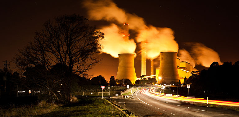 Brown coal power station at night