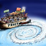 Trust cartoon - boat with signs for trust, newstart, not for profits, headed for a whirlpool