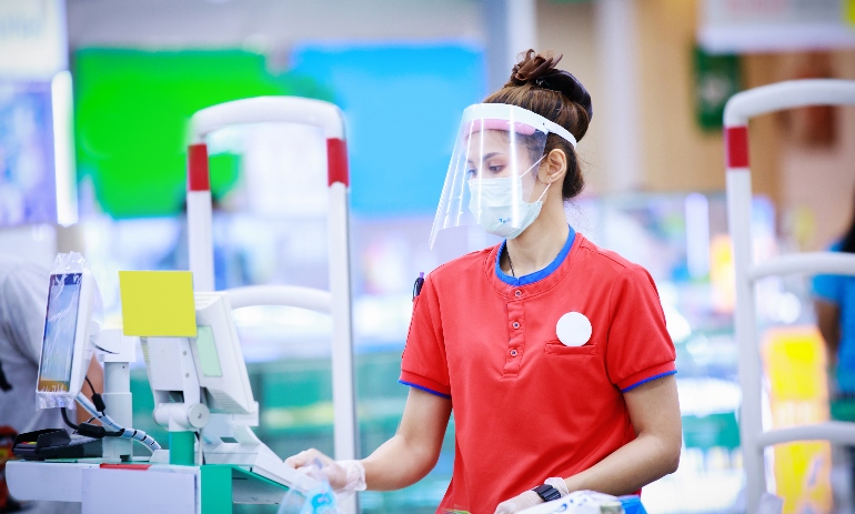 woman wearing face shield