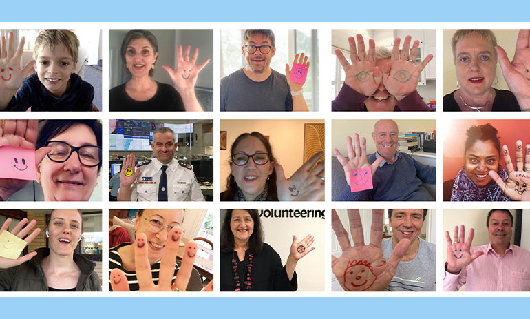 a collection photos of people waving hands of thanks as part of Volunteering Australia's #waveforvolunteers.