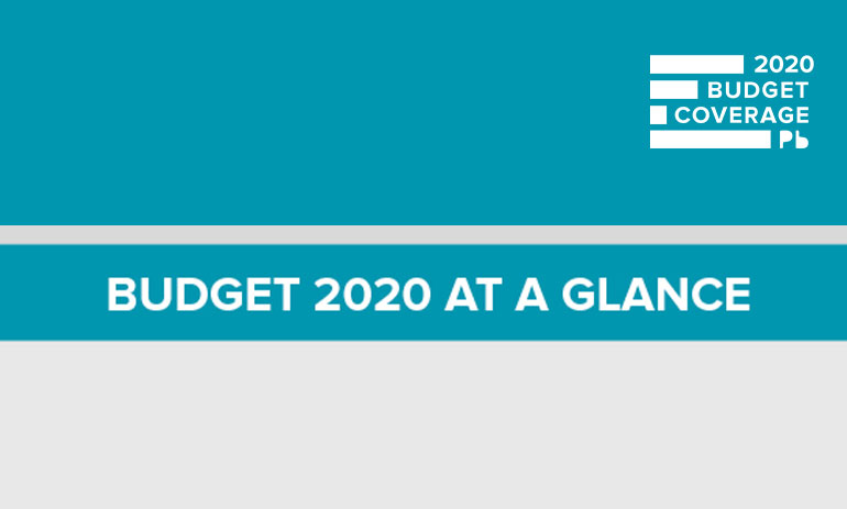 words Budget 2020 at a glance on a green and grey background