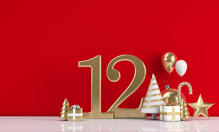 number 12 on red background with festive images of christmas tree and present