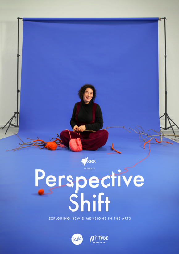 A young artist working on a tactile art piece while seated in a production setting. Text, "SBS presents, Perspective Shift, Exploring new dimensions in the arts". Taste Creative and Attitude Foundation logos are  displayed.