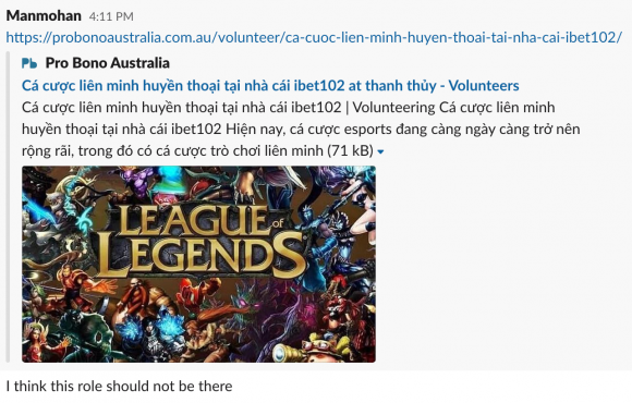 screen shot of a spam volunteer post on the Pro Bono Australia website