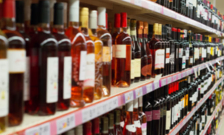 Shelves of wine in a shop