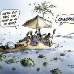 What do we do now cartoon - showing people on an island surrounded by coronavirus, with the earth in a boat, looking out to the words 2021? Speech bubbles: "we've got this far, what do we do now?" "Celebrate!"