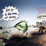 Old normal cartoon - tent labelled homeless in tug of way - on one side 'common good' pulling tent into into new normal, while speech bubble from other side says "hang on- the old normal isnt finished"