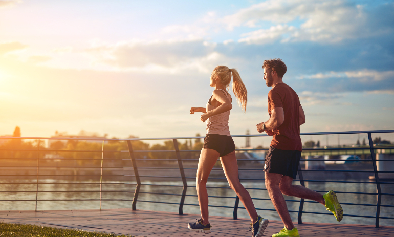 Modern woman and man jogging