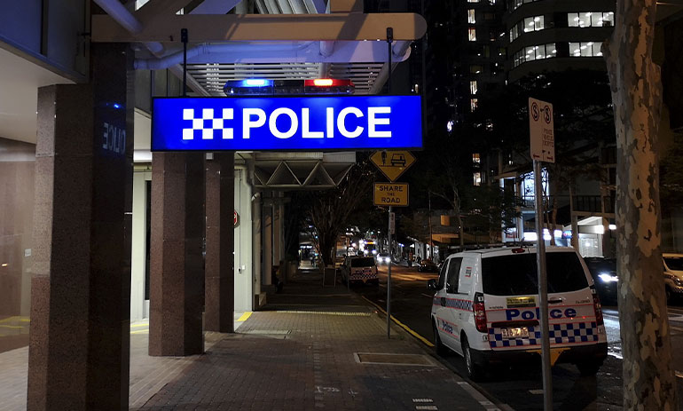 police station in Brisbane at night.
