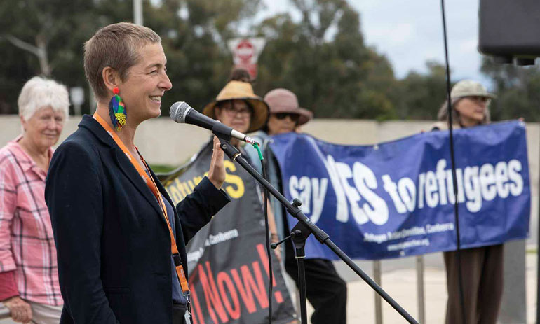 Jana Favero speaking outside Parliament ACT on 25 February 2021.