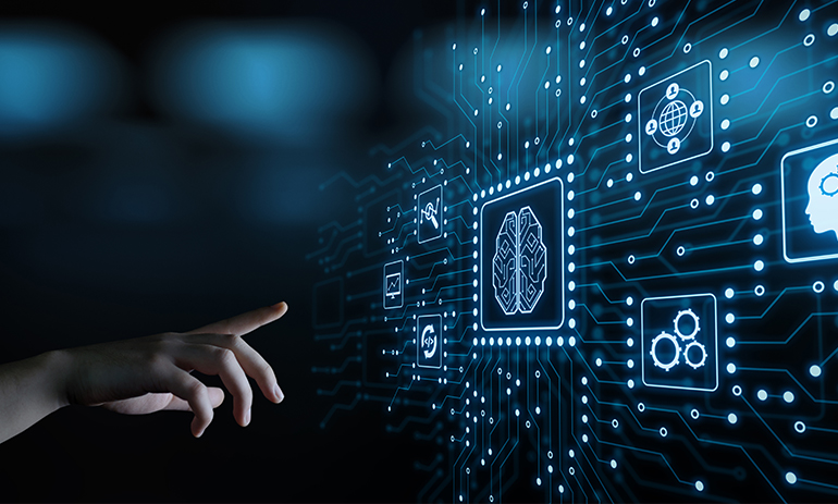 data concept, hand pointing at graphic of lines and image of a brain and cogs