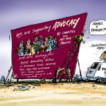 Advocacy cartoon - people putting up billboard supporting charity advocacy, van labelled the know your place police is nearby warning them that conditions apply, a billboard supporting Frydenberg is in the background